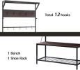 conifferism Large Hall Tree with Shoe Bench and Storage Shelf for Entryway, Coat Rack, 3-in-1 Industrial Design Organizer with Steel Frame Dark Walnut